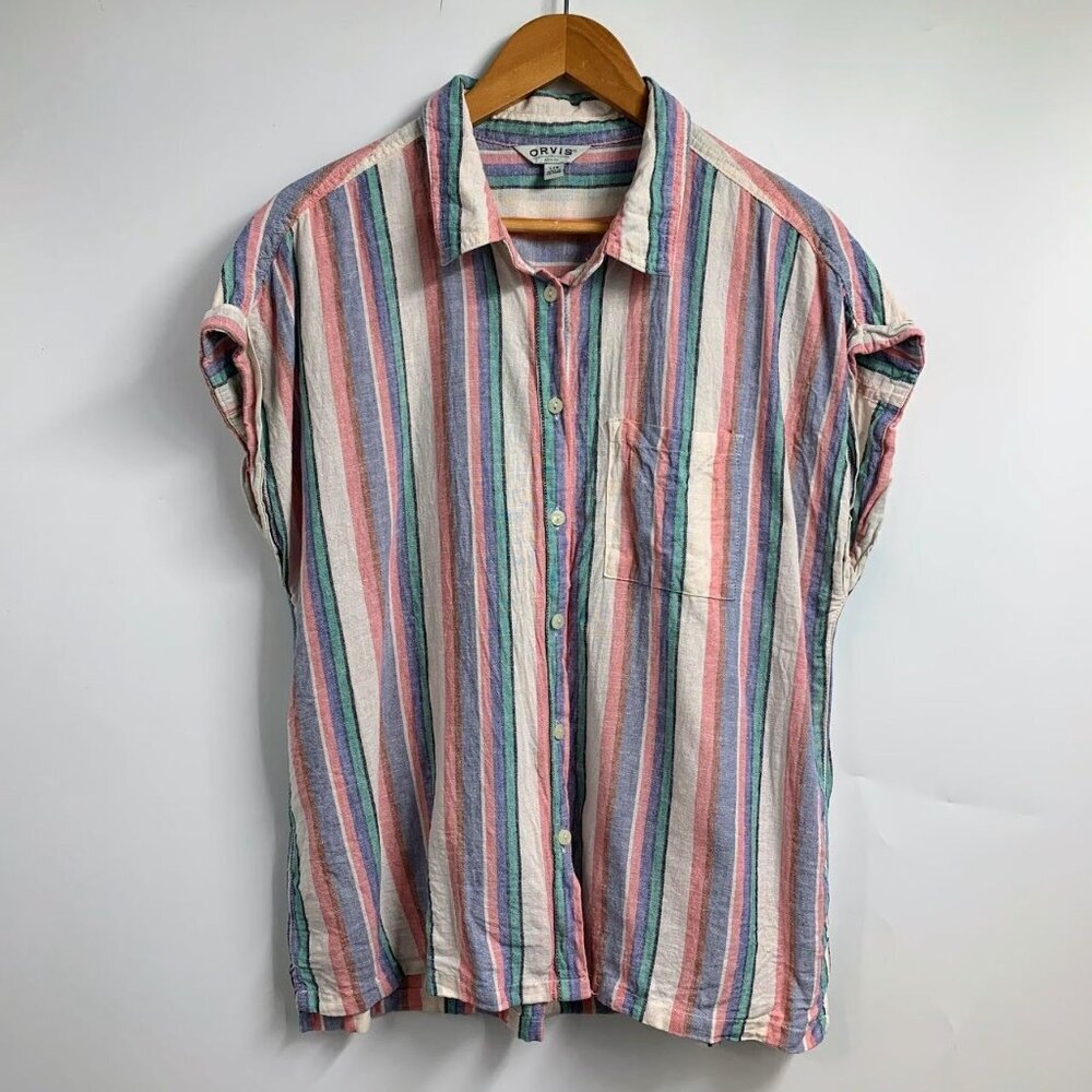 Orvis Women's Linen‎ Blend 1758407 Sleeveless Striped Button Up Shirt Size L
